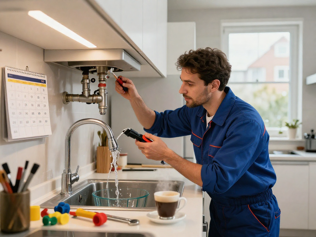 Emergency plumber Fort Worth assessing a kitchen sink leak with tools and a calm focus in a modern home.