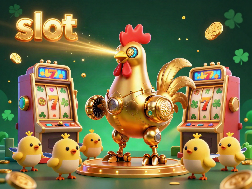 Engage in thrilling slot games with our dynamic golden rooster robot and baby chicks in vibrant gaming scene.