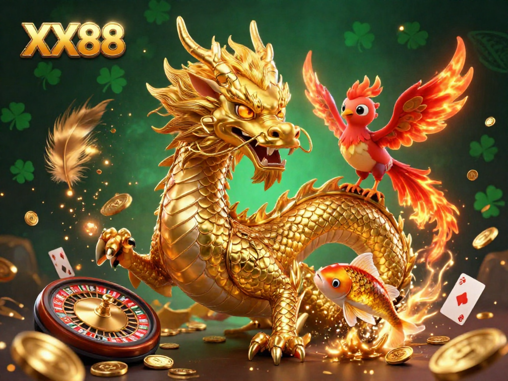 Experience the excitement of XX88 casino with a majestic dragon, phoenix, and koi fish amidst dynamic gaming elements.