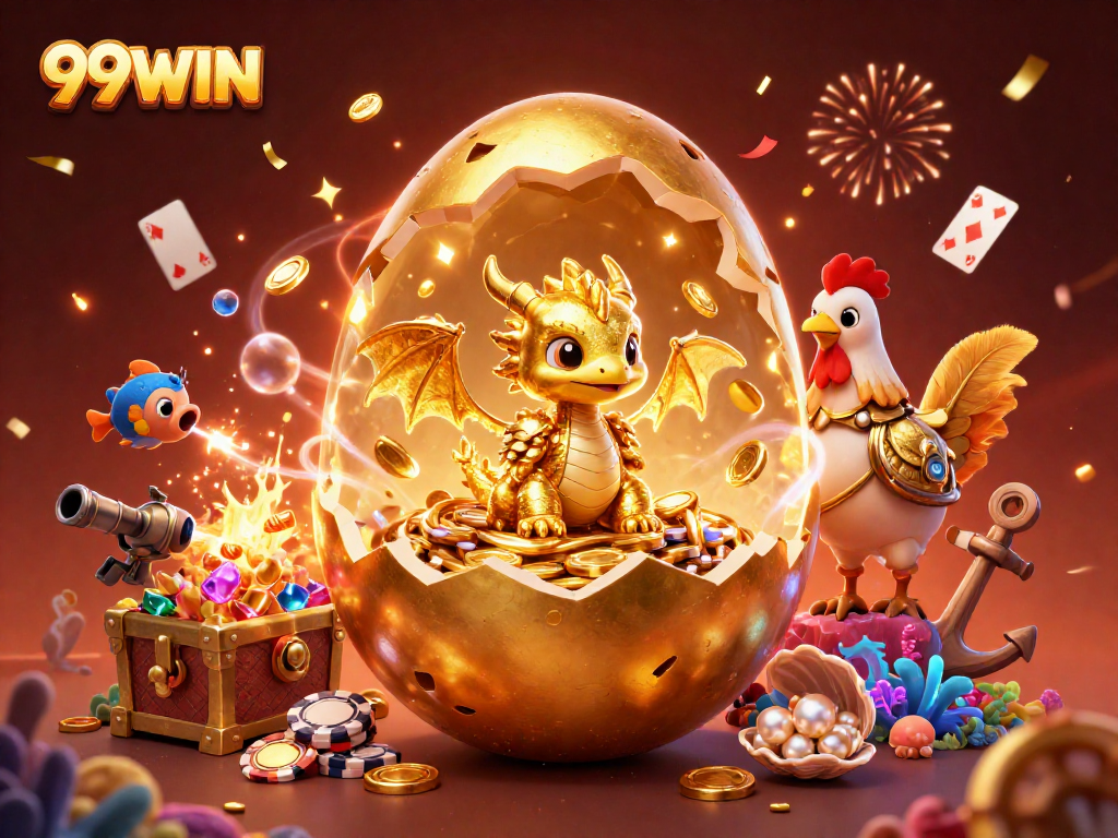 Experience the excitement of 99WIN with a golden dragon revealing poker chips in a dynamic casino scene.