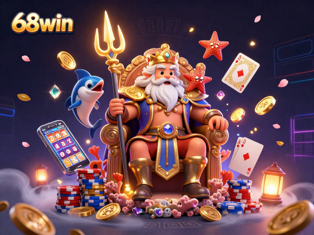 Experience thrilling gaming with 68win's vibrant 3D scene featuring Neptune, treasures, and cards.