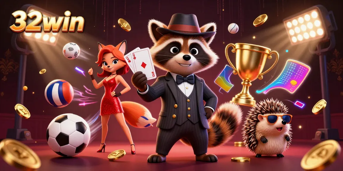 Experience the vibrant world of 32win with a stylish raccoon and friends celebrating wins in a dynamic casino scene.