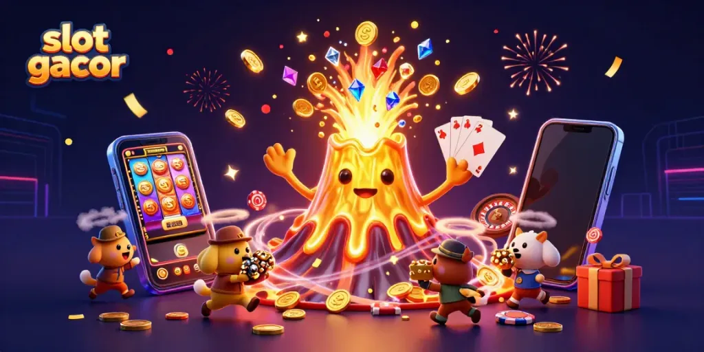 Enter the excitement of slot gacor with a golden volcano erupting treasures in a thrilling casino scene.