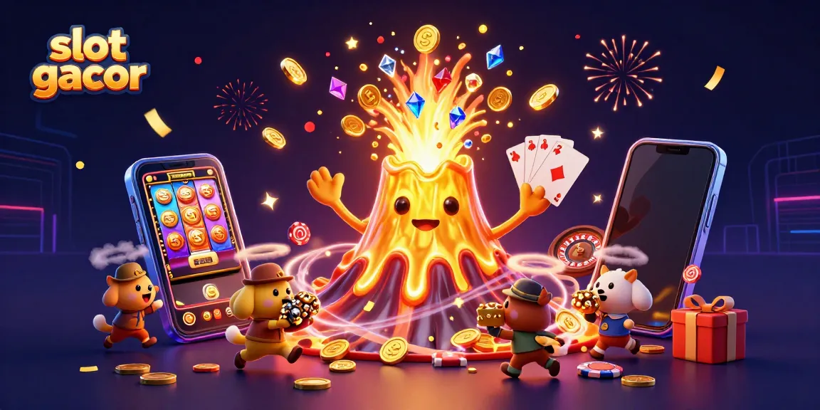 Enter the excitement of slot gacor with a golden volcano erupting treasures in a thrilling casino scene.