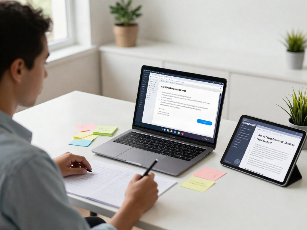 Professional working on AI generated SEO product descriptions in a creative workspace.