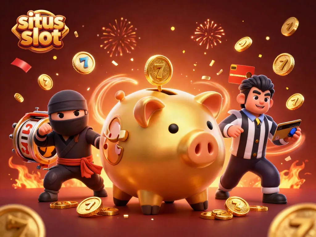 Engage with exciting situs slot gameplay featuring a vibrant illustration of a golden piggy bank sumo wrestler and dynamic casino elements.