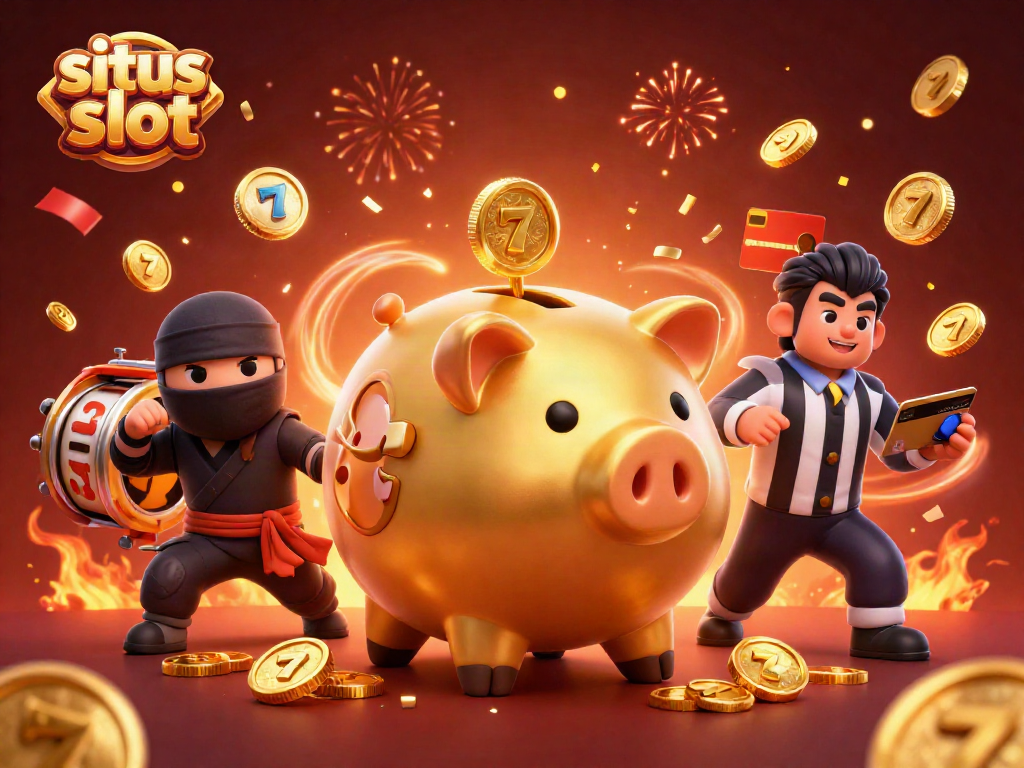Engage with exciting situs slot gameplay featuring a vibrant illustration of a golden piggy bank sumo wrestler and dynamic casino elements.