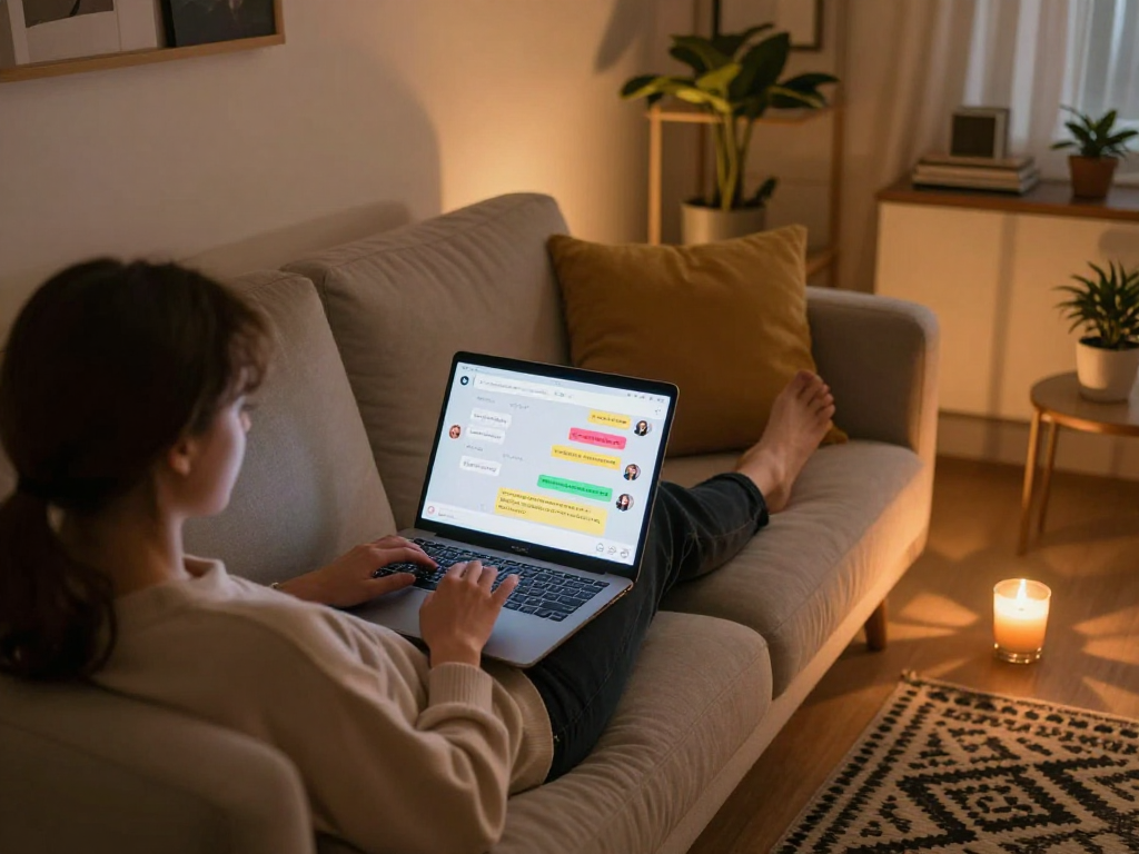 Engaging NSFW chat scene with user in cozy home setting during intimate digital interaction.