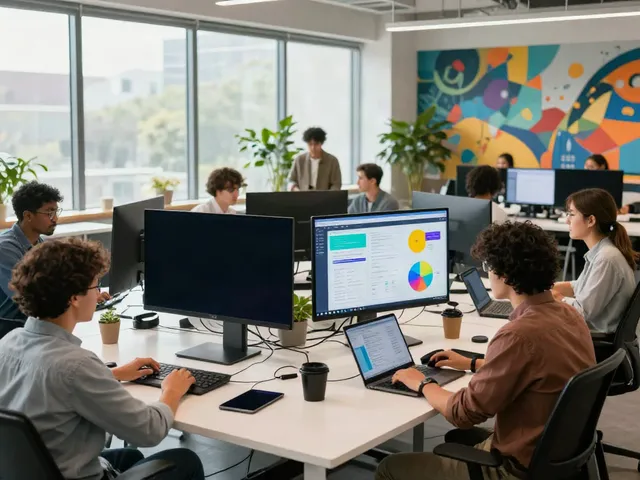 Visit homepage in a modern workspace where a diverse team collaborates on innovative projects.