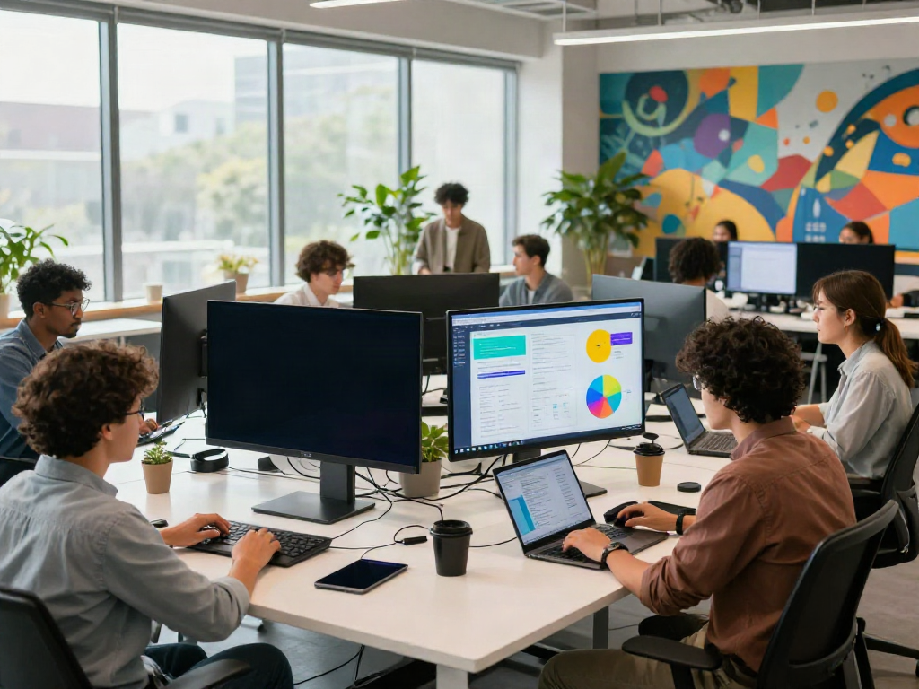 Visit homepage in a modern workspace where a diverse team collaborates on innovative projects.