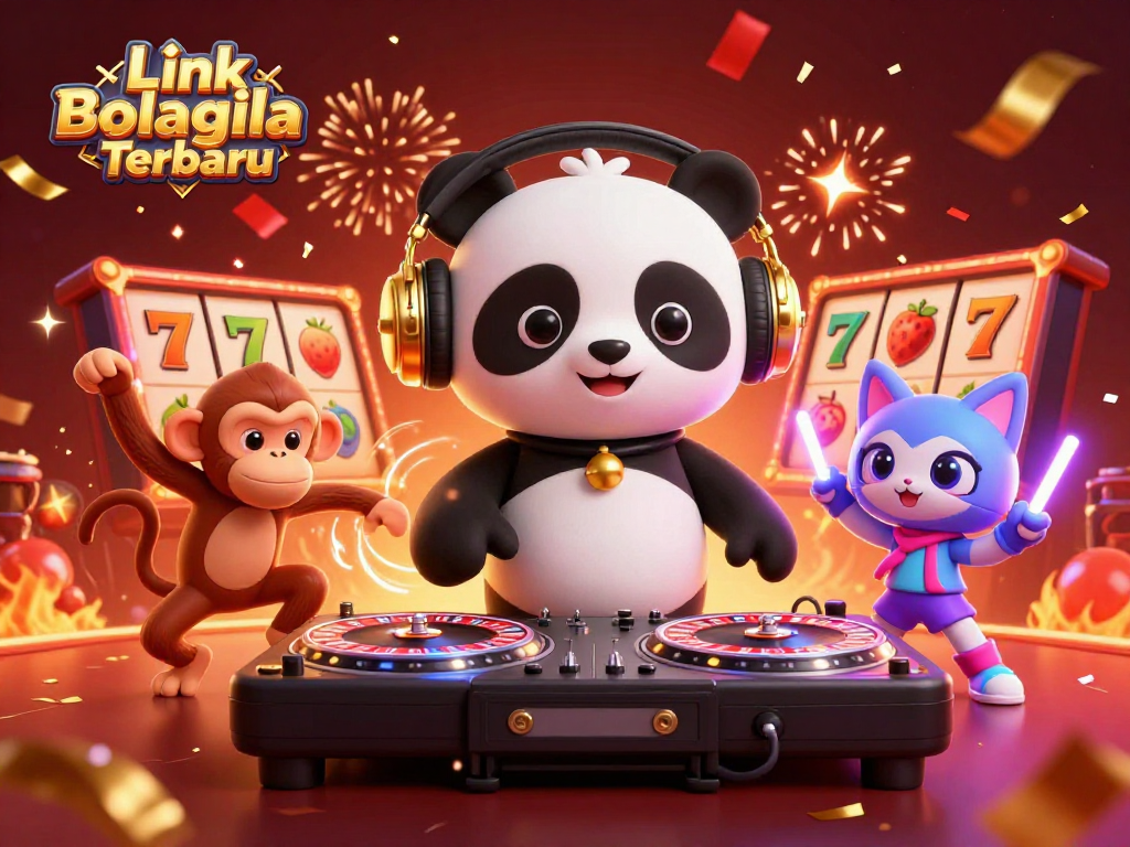 Engage with Link Bolagila Terbaru in this vibrant 3D casino illustration featuring a DJ panda and energetic characters