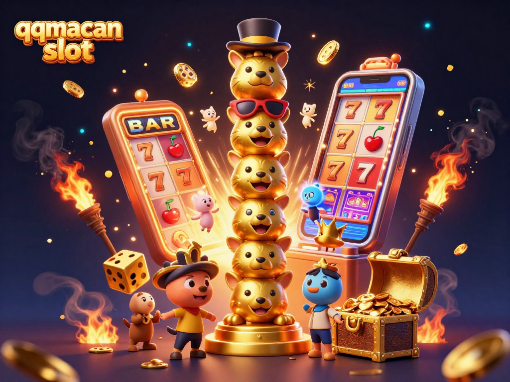 Engage with the vibrant qqmacan slot scene full of animated casino elements, showcasing exciting jackpots and gameplay.