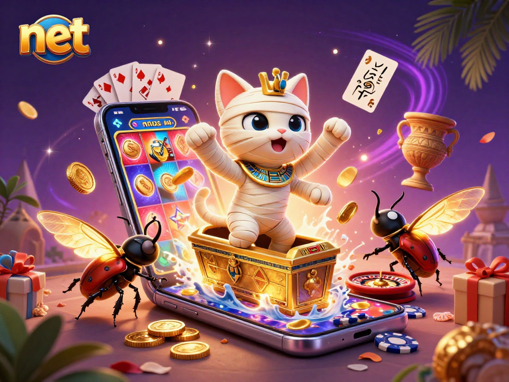 Spin slots with the net-themed Egyptian mummy cat in an enchanting casino atmosphere.