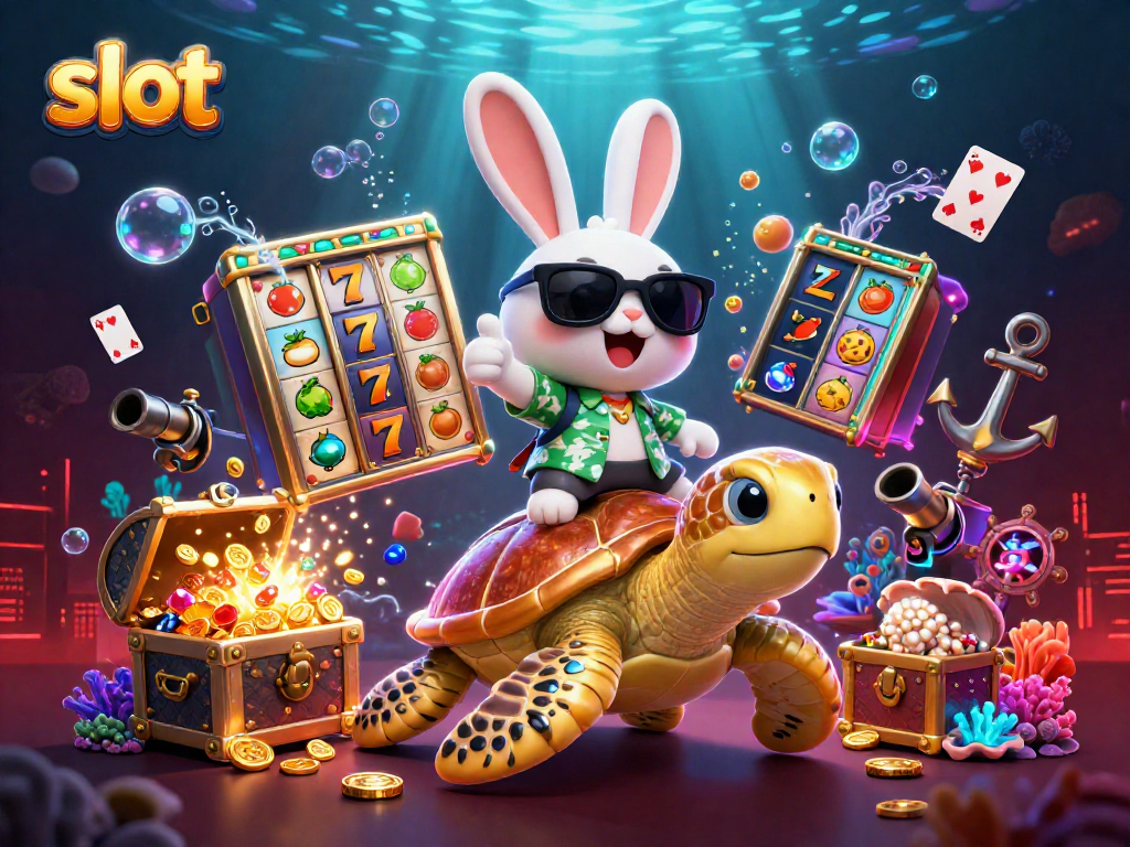 Spin the slot reels with joy as an adorable rabbit and turtle celebrate in a vibrant casino scene.