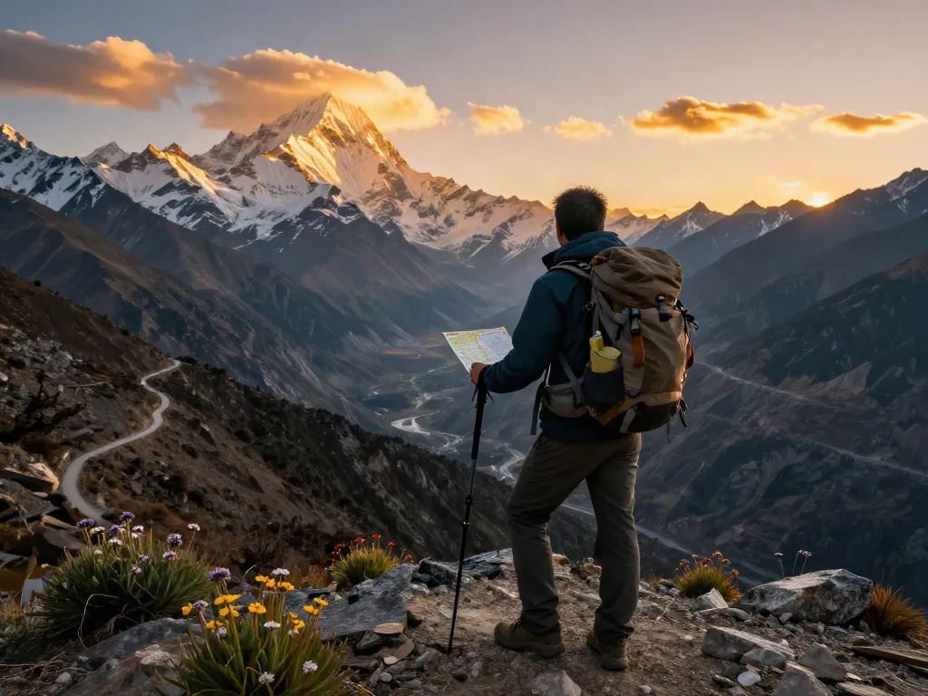 Trek to Manaslu Circuit traveler at sunset overlooking mountain valley.