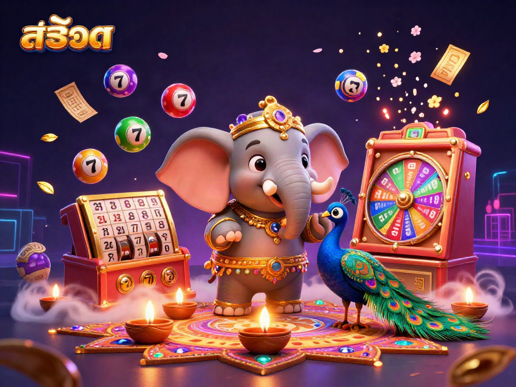 Engage with สล็อต through a colorful 3D scene featuring a Diwali-themed elephant, peacock, and dynamic gambling elements.