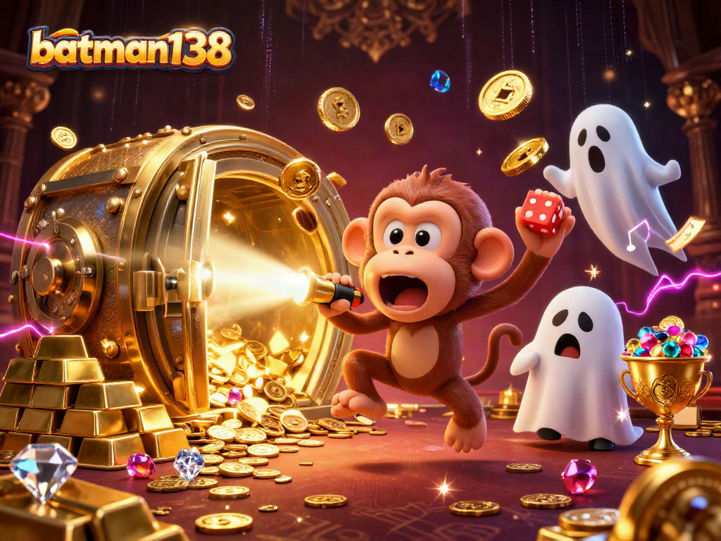 Experience the thrill of batman138 with a lively poltergeist monkey juggling riches in a haunted casino.