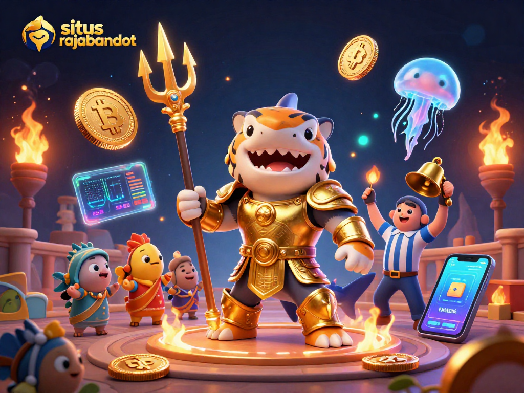 Situs rajabandot menyuguhkan ilustrasi 3D ikan hiu kartun garang dalam gladiator emas di koloseum bawah laut.