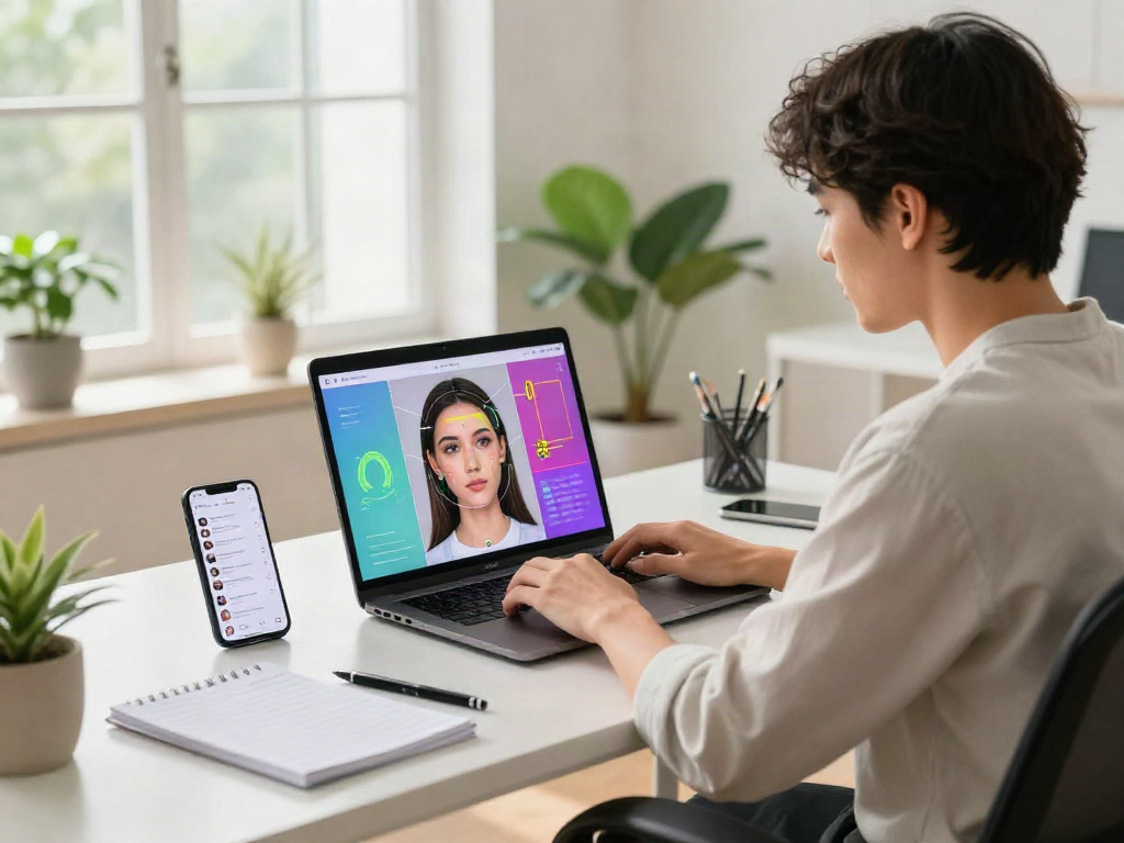 Individual taking an attractive test with AI analysis on laptop, showcasing modern beauty standards and technology.