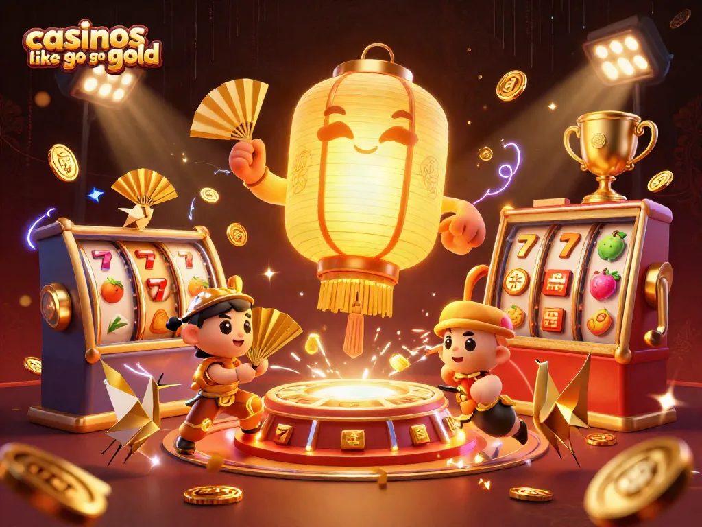 Engage with casinos like go go gold in a vibrant 3D casino illustration featuring golden lanterns and slot games.