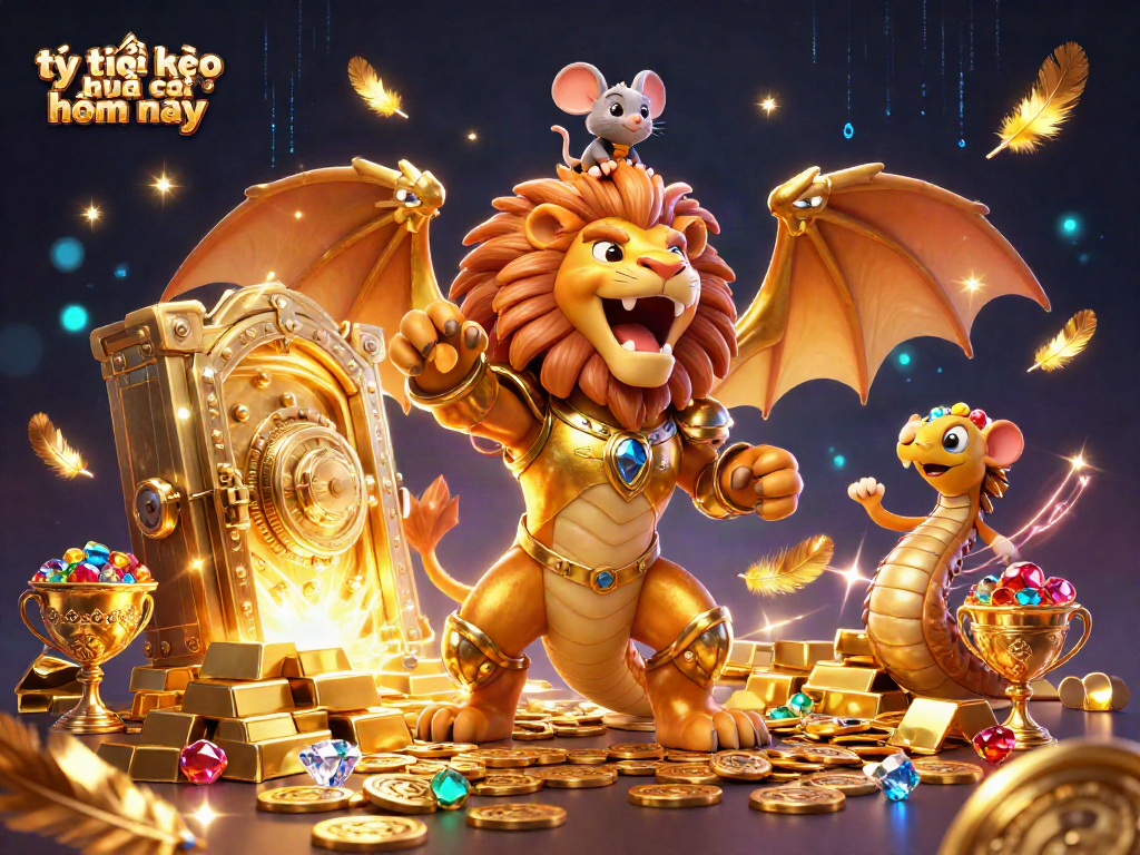 Experience thrilling tỷ lệ kèo nhà cái hôm nay with a golden chimera and rich casino treasures in a dynamic scene.