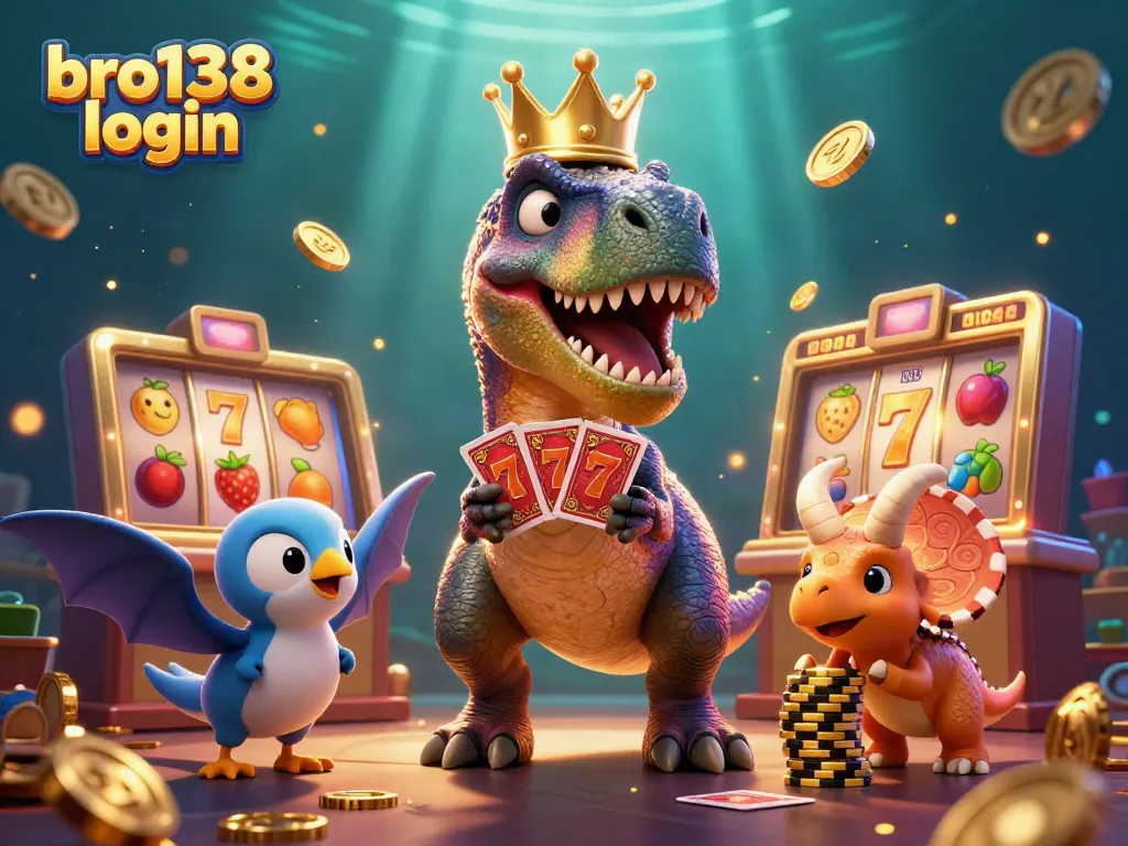 Experience the thrill of bro138 login with a vibrant 3D dinosaur-themed casino scene full of playful characters and slot elements.