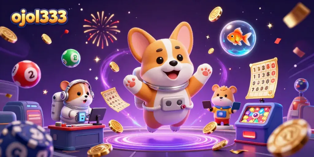 Engage with the ojol333 gaming experience featuring a floating astronaut corgi and lottery elements in a vibrant casino.