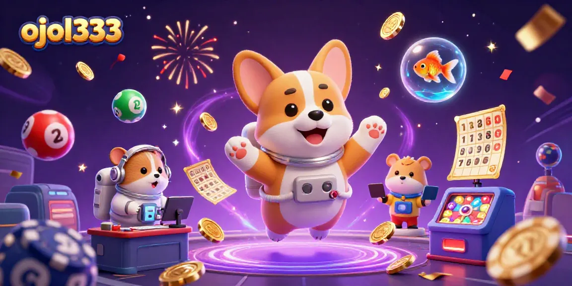 Engage with the ojol333 gaming experience featuring a floating astronaut corgi and lottery elements in a vibrant casino.