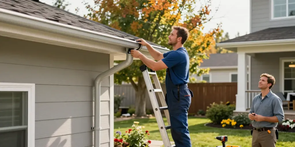 Professional installation of Spokane gutters on a modern home during sunny weather.