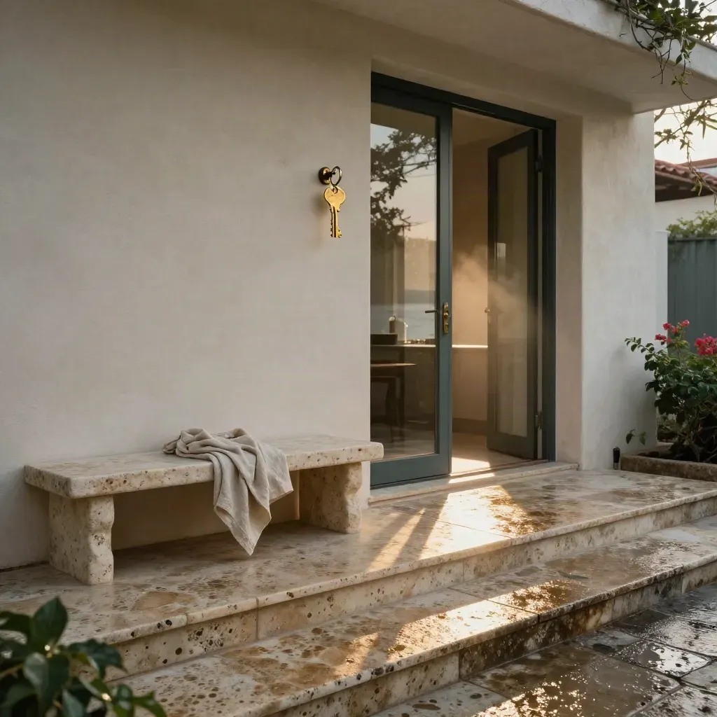 Rain-washed coastal townhouse entry with brass keys, travertine steps and open glass doors at sunset