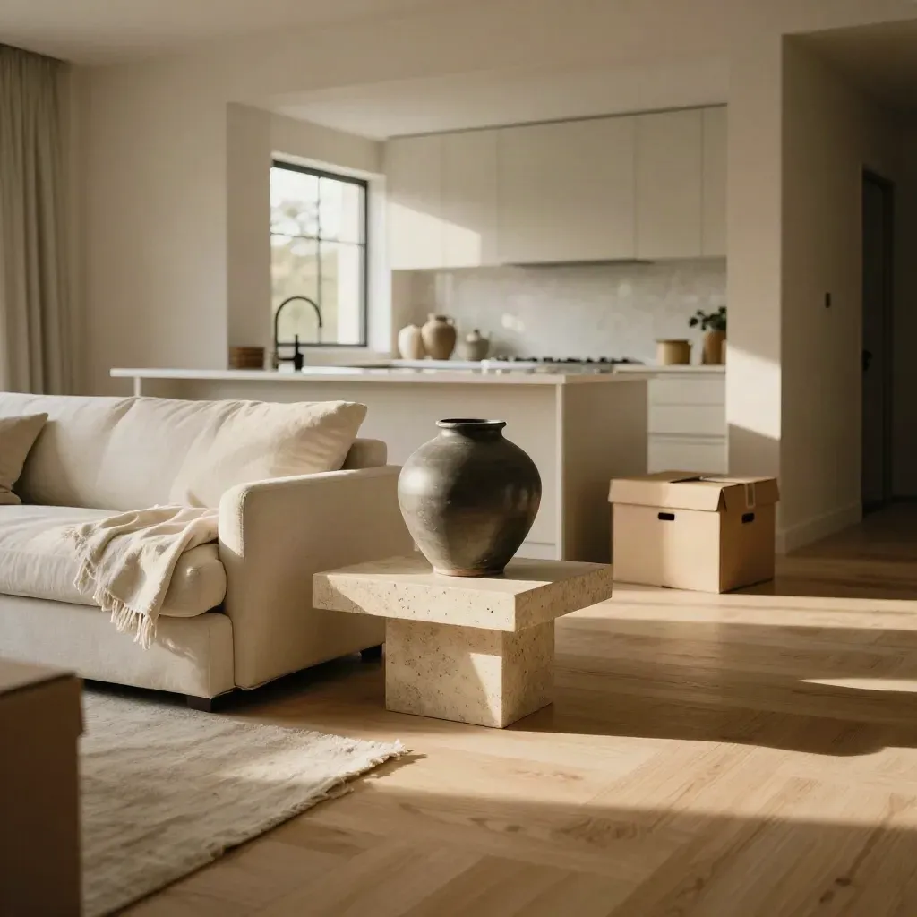 Luxury living room flowing to kitchen with sunlight, linen throw, vase and moving boxes.