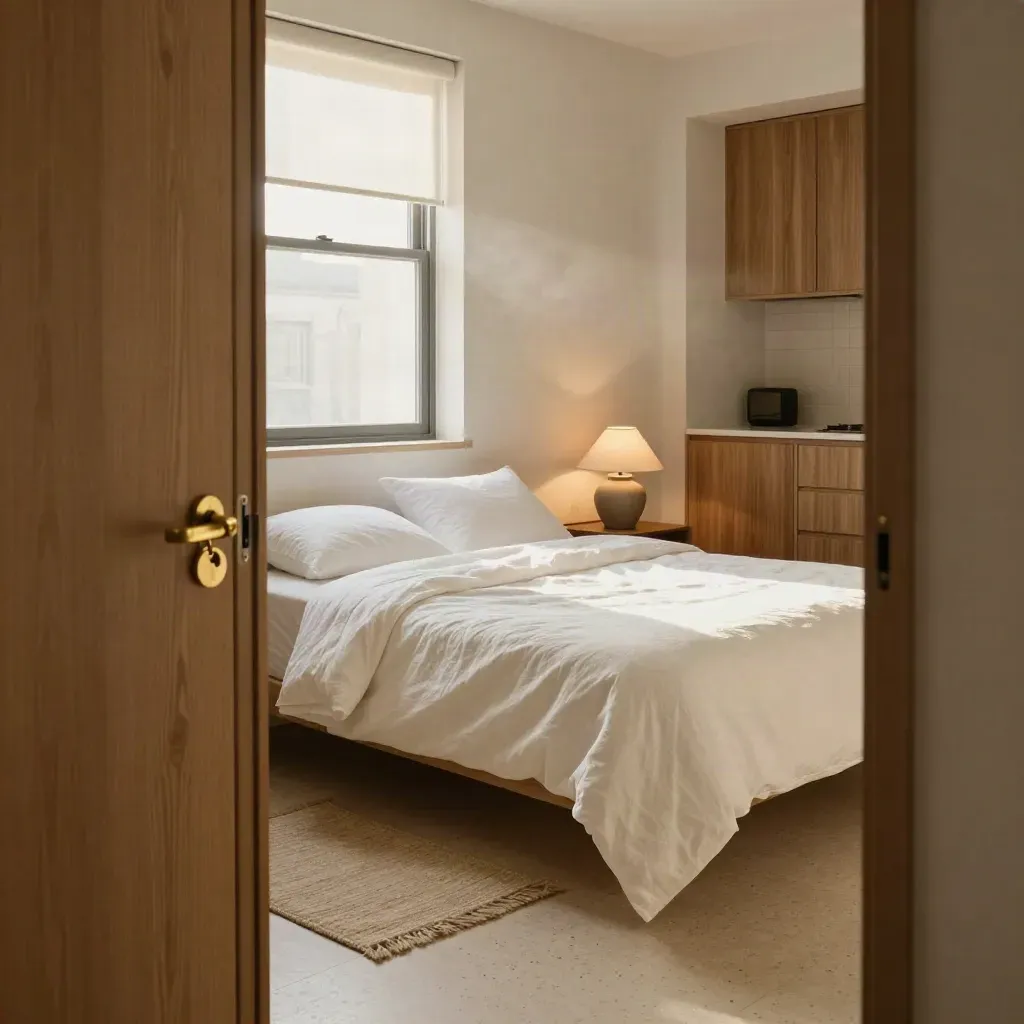 Vacant rental-ready bedroom with made bed, lamp, key ring and folded rug beside kitchenette edge.