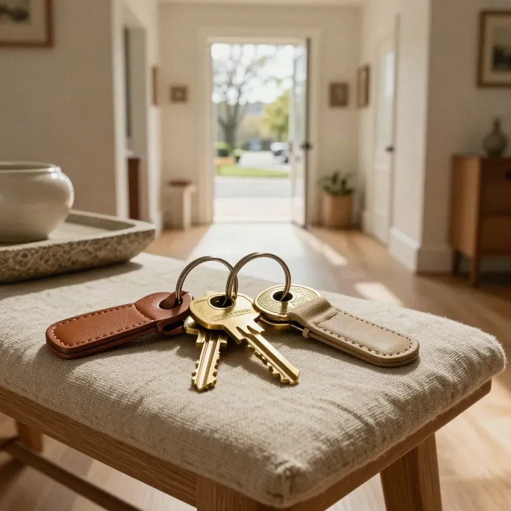 Two fresh key sets on an entry bench, hallway open to a tree-lined street.