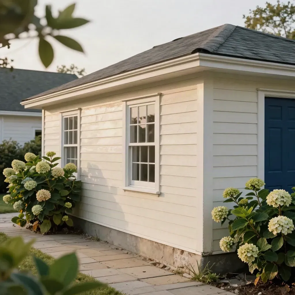 Coastal house exterior with fresh paint, navy door, stone path, and morning haze.