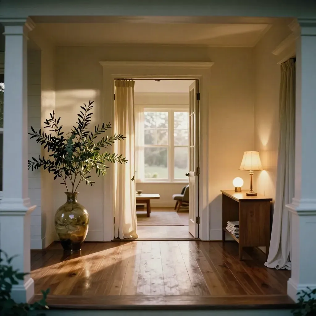 Open-house foyer with open door, glowing lamps, branches, and polished floors.