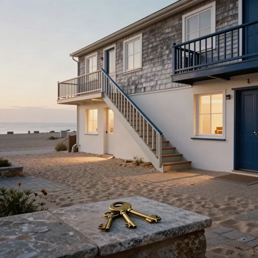Brass keys foregrounded before a coastal duplex with lit windows and a shared stair at dusk.