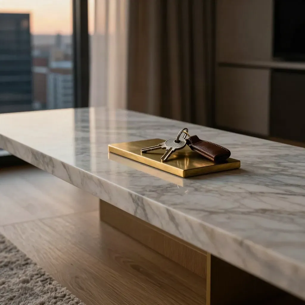 Marble condo console with brass key tray, sheer drapes, and blue-hour skyline light.