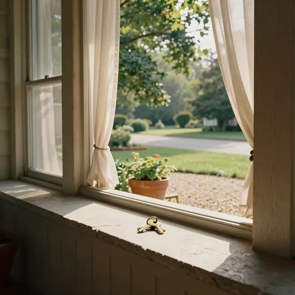 Suburban family home exterior with porch curtains, keys on stone sill, and mature trees.