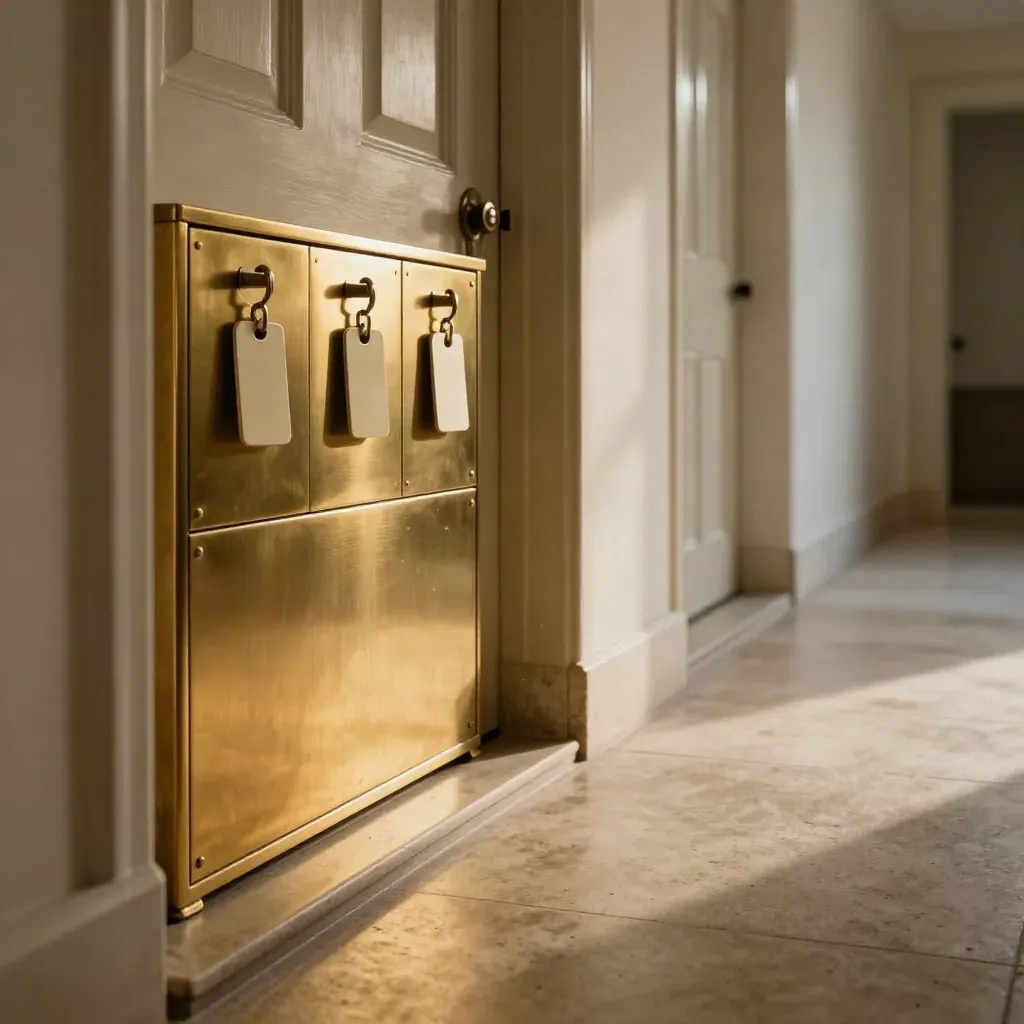 Long apartment corridor with three lit doors, polished thresholds, and hanging keys in a cool draft.