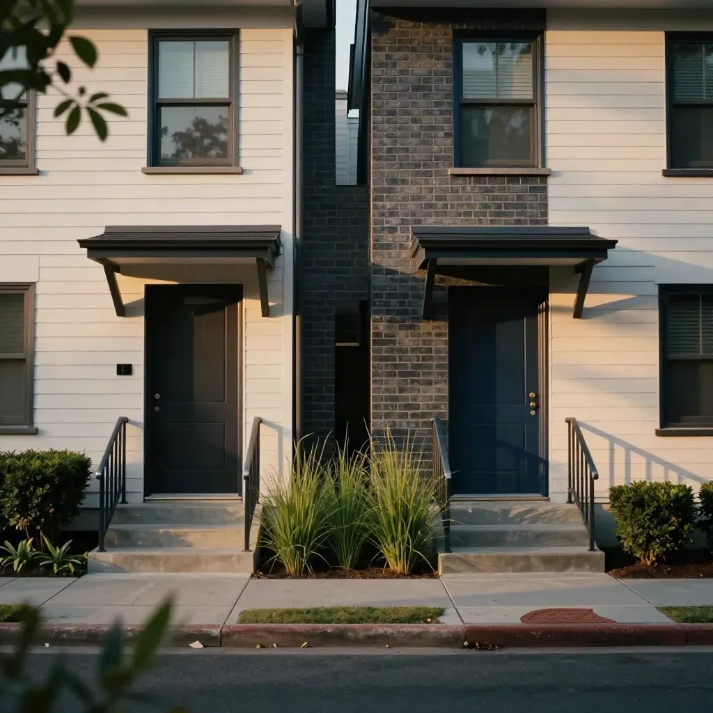 Moody duplex exterior with two entries, shared steps, planted strip, and a premium investment feel.