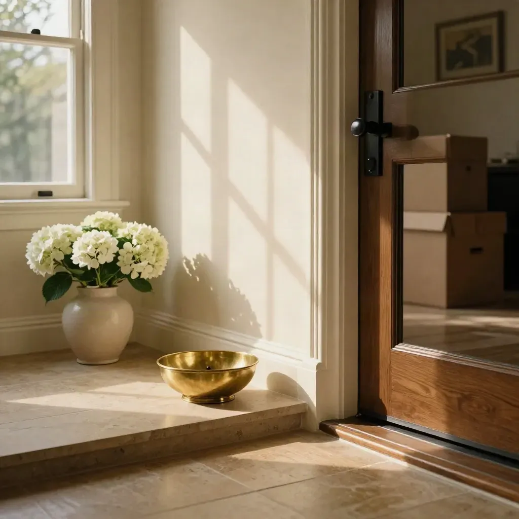 Staged foyer with hydrangeas, brass key bowl, polished door and soft morning light.