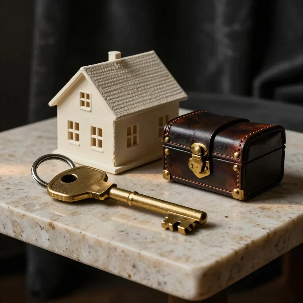 Brass keys, model home, and leather lockbox on travertine plinth in moody light
