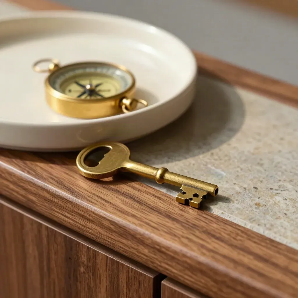 Brass key, small compass, and cream tray on a warm walnut ledge