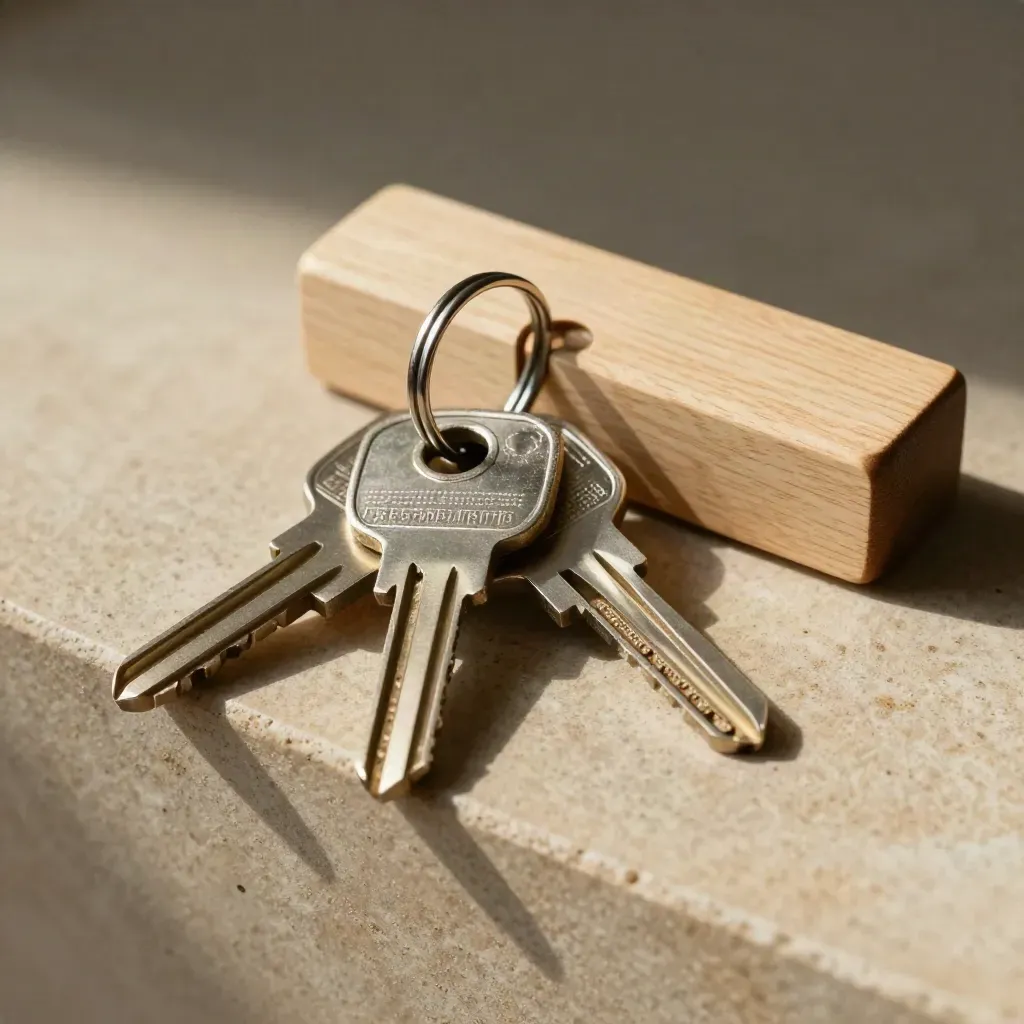 Three apartment keys, a lock cylinder, and a pale wood key block in a close textural still life