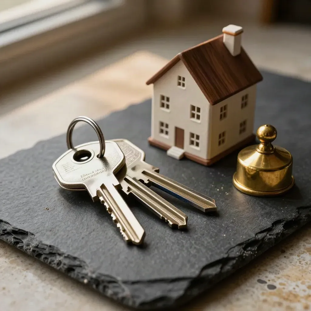 Townhouse keys, miniature house model and brass weight on a slate board.