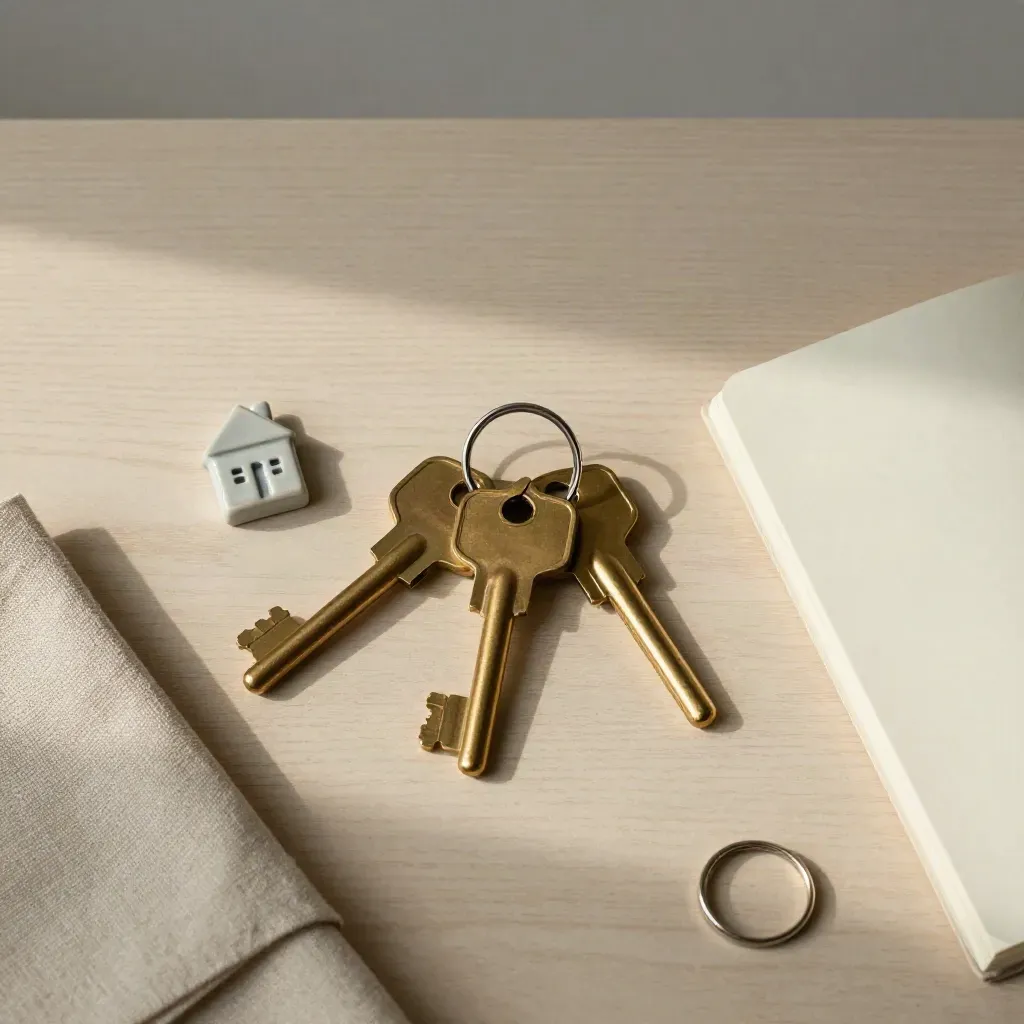 Brass keys and a ceramic house token beside a closed notebook on pale wood, top-down flatlay.