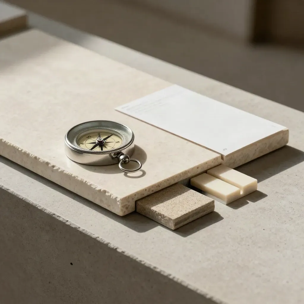 Stone sample tile, tiny compass, and face-down marker card on pale concrete, softly lit from above.