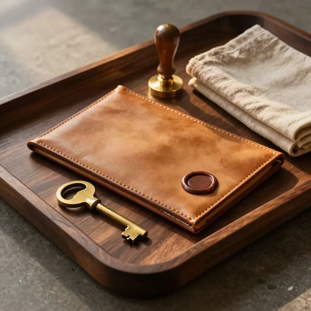 Brass keys, sealed leather folder, and wax stamp on a dark wood tray