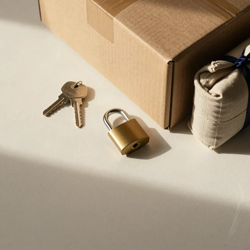 Moving box, keys, padlock and rolled linen wrap on a pale plaster surface