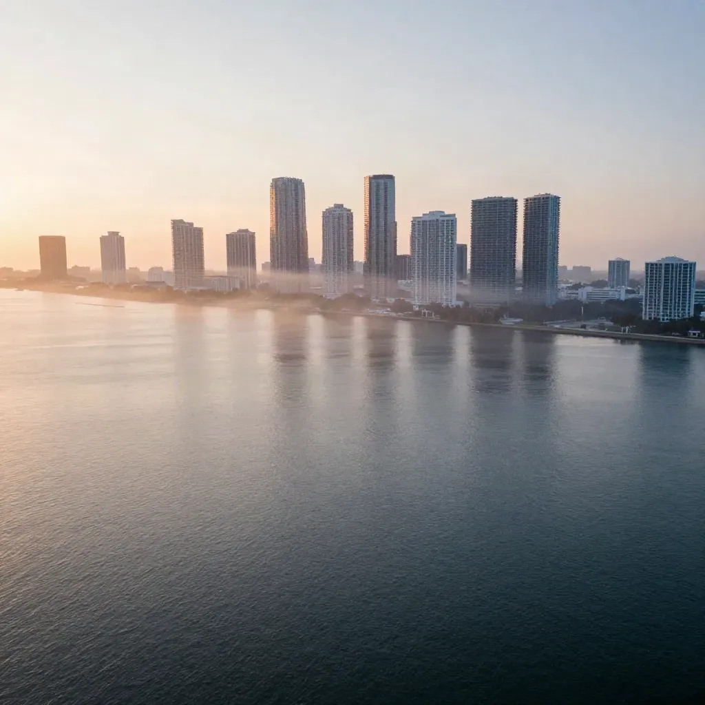 Brickell skyline rises above hazy Biscayne Bay at dawn with calm water below.